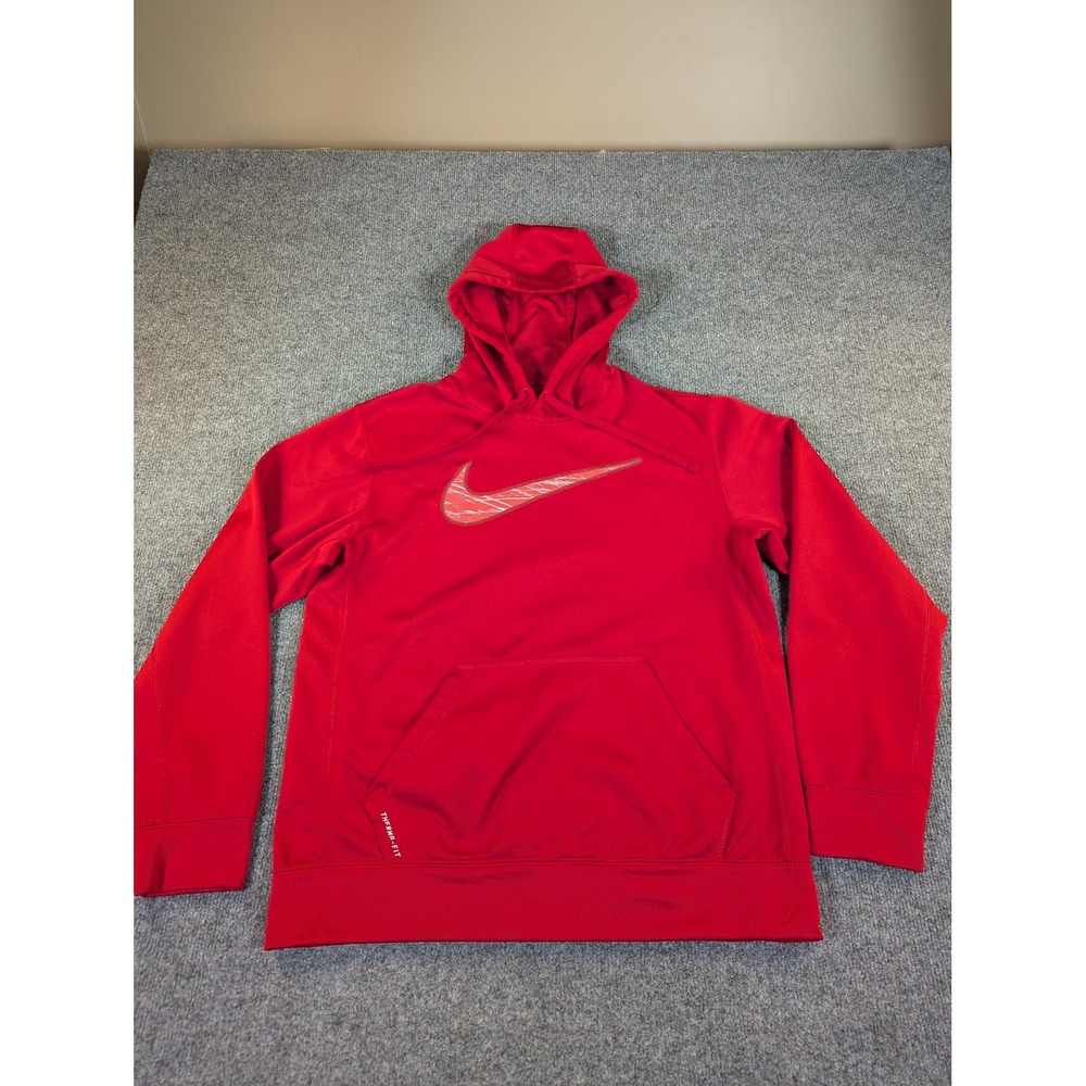 Nike Therma-FIT Mens Hoodie Red Swoosh Graphic Pullover Sweatshirt Medium #2403‎